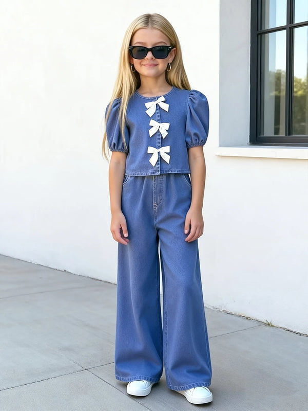 Ensemble Fille 2 Pièces-Top à Manches Bouffantes et Jean Large